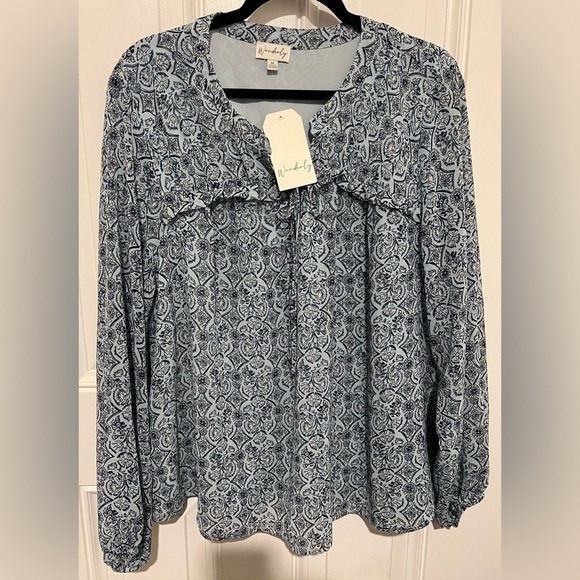 New! Wonderly  Blue & Black Floral Damask Blouse Peasant Boho size 3X NWT! - Picture 2 of 16